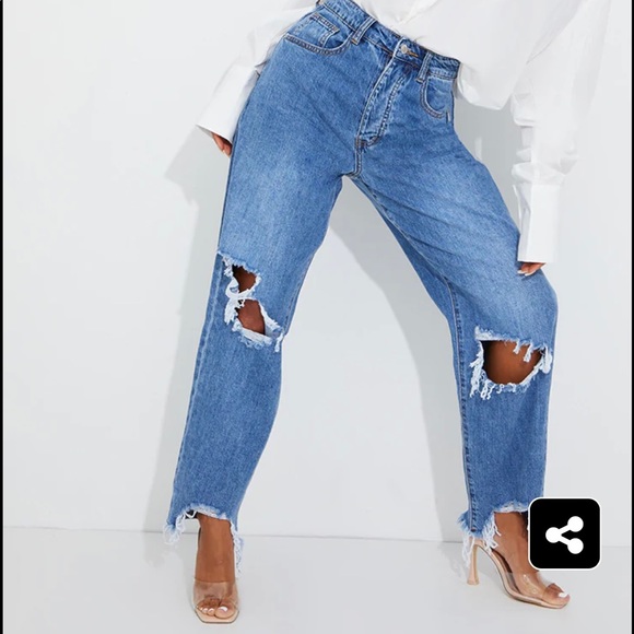 Size 12 Pretty Little Thing Mid Blue Wash Extreme Ripped Hem Boyfriend Jeans - Picture 1 of 9
